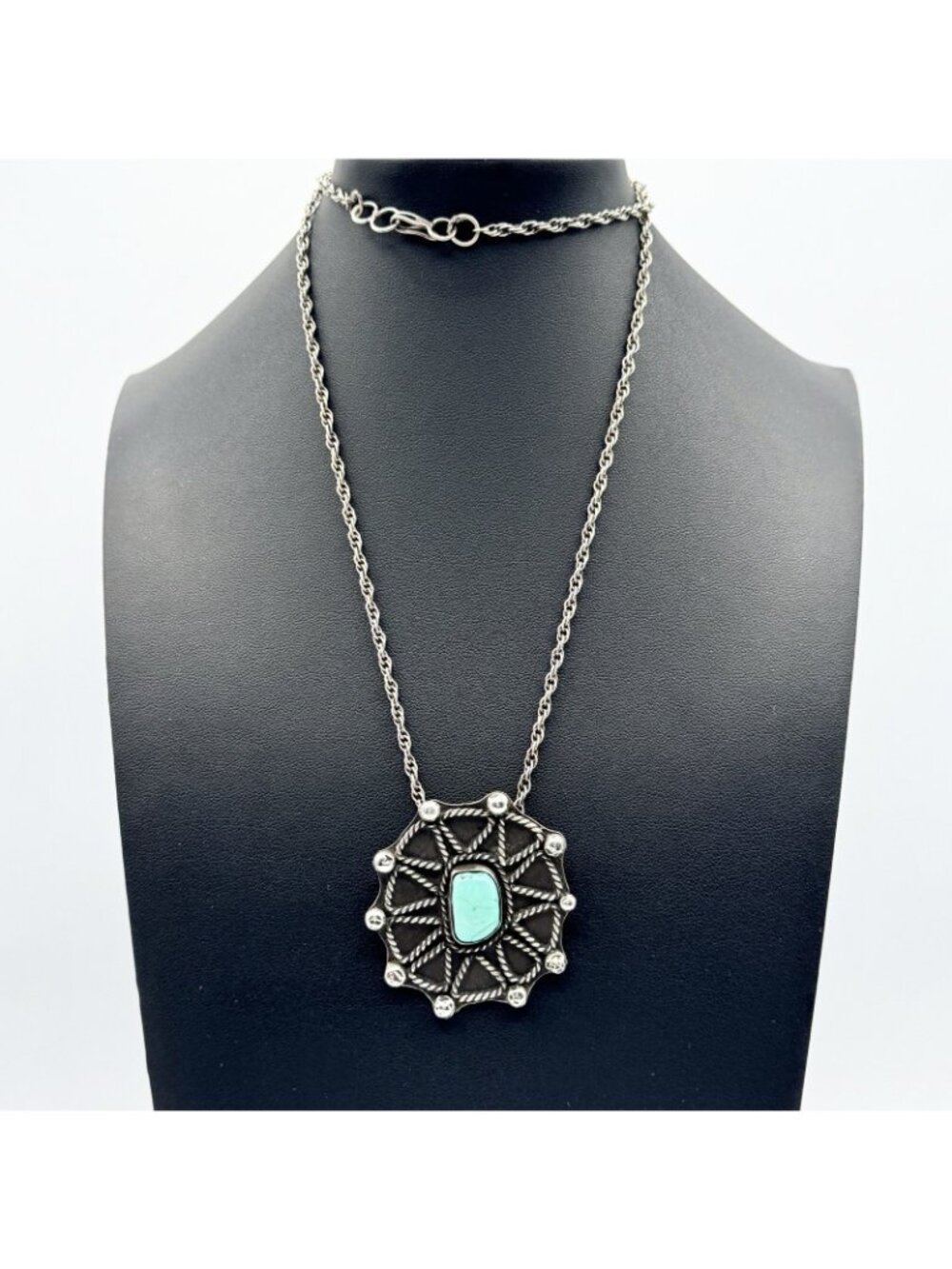 Southwestern Sterling Turquoise Spider Web Pendant Necklace Vintage 32g 28" - Picture 2 of 16